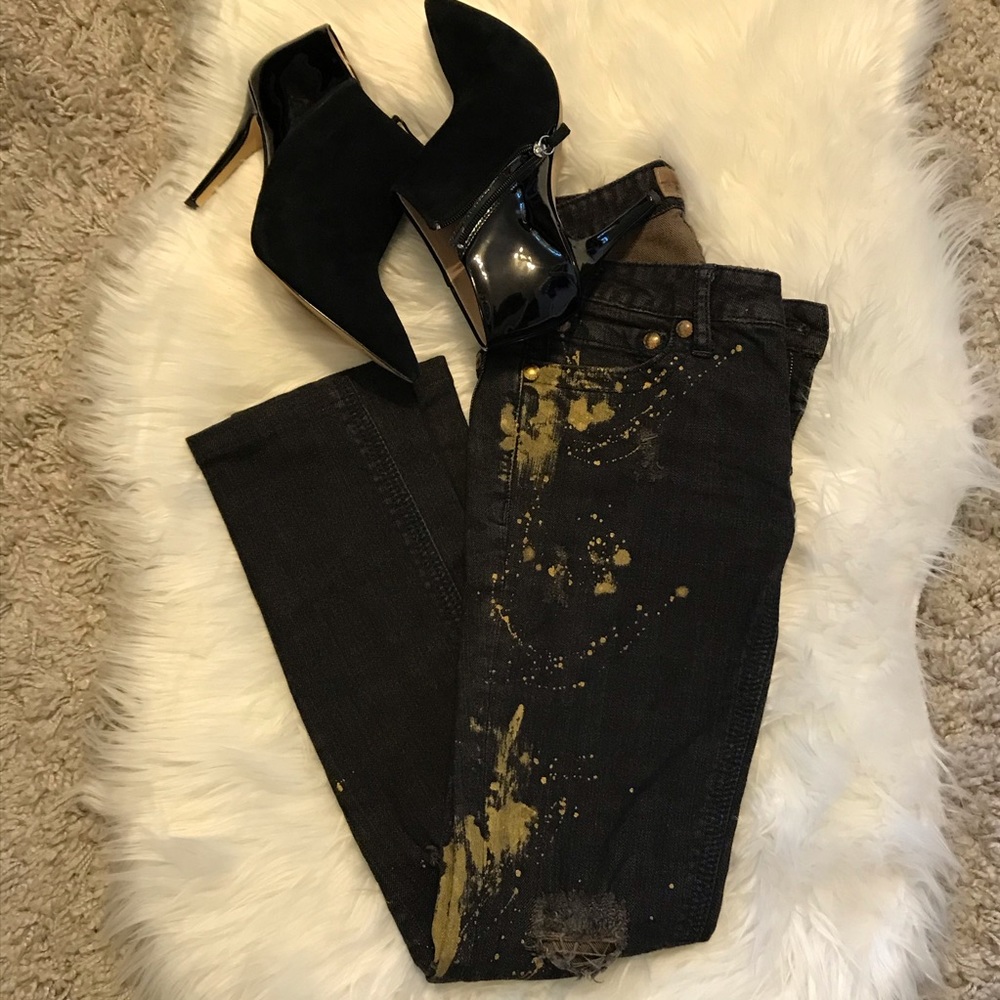 Free People Black & Gold Distressed Jeans (24)